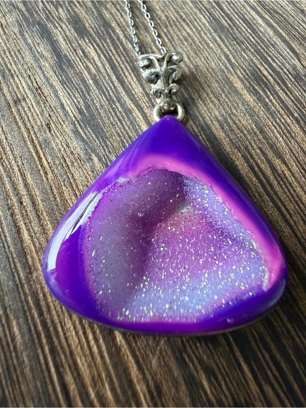 Glowing Purple Druzy Teardrop Pendant Necklace Marked 925 - Women Jewelry